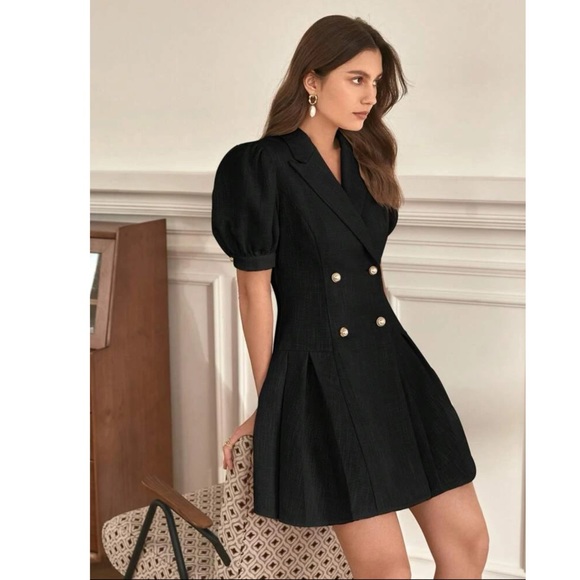 FRENCH PUFF SLEEVE DOUBLE BREASTED PLEATED HEM DRESS - Picture 9 of 16